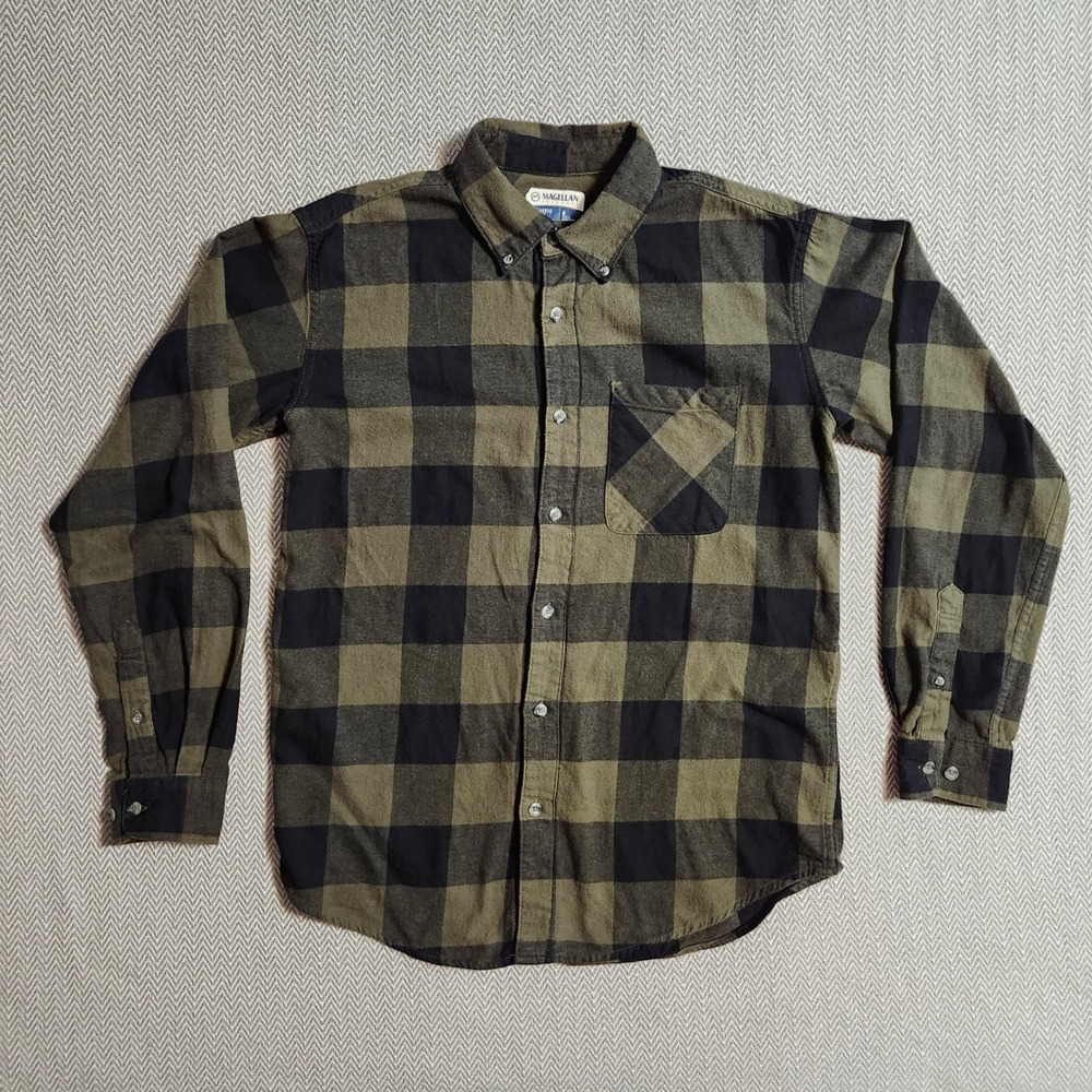 Magellan Outdoors Flannel Shirt Men Small Olive Green Black Buffalo Plaid Cotton
